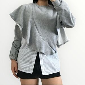 A Picture’s Worth… Crewneck Drape Sweatshirt with Striped Buttoned Shirt Bottom
